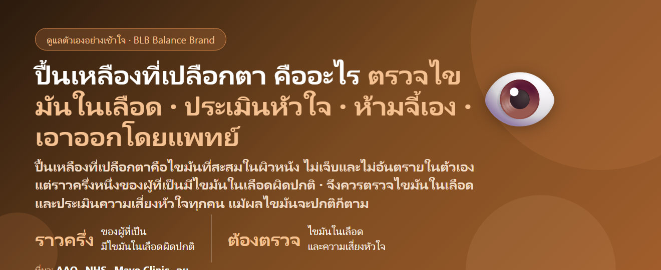 ปื้นเหลืองที่เปลือกตา–ไขมันเกาะเปลือกตา (Xanthelasma) เกิดจากอะไร เกี่ยวกับคอเลสเตอรอลสูงไหม? ต้องตรวจไขมันในเลือดเมื่อไร รักษาที่ไหน และดูแลตัวเองยังไง